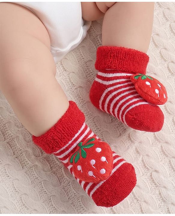 Cute Walk by Babyhug Fabric Ankle Length Socks Shoes with Striped Design & Strawberry Applique- Red