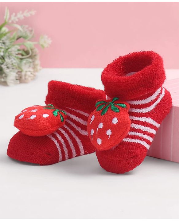Cute Walk by Babyhug Fabric Ankle Length Socks Shoes with Striped Design & Strawberry Applique- Red