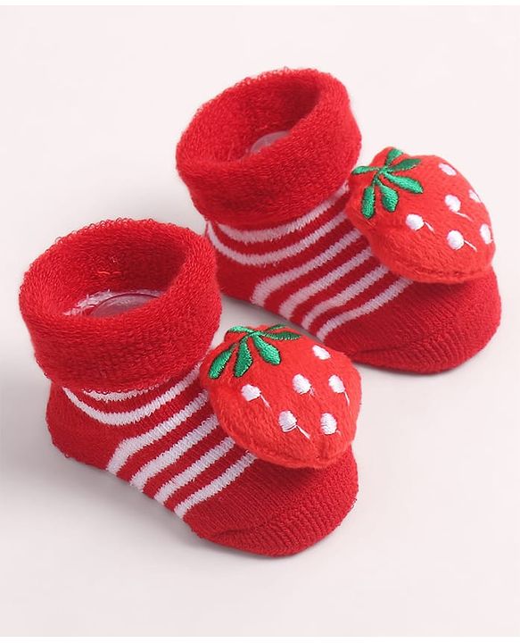 Cute Walk by Babyhug Fabric Ankle Length Socks Shoes with Striped Design & Strawberry Applique- Red