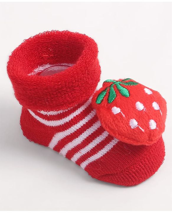 Cute Walk by Babyhug Fabric Ankle Length Socks Shoes with Striped Design & Strawberry Applique- Red