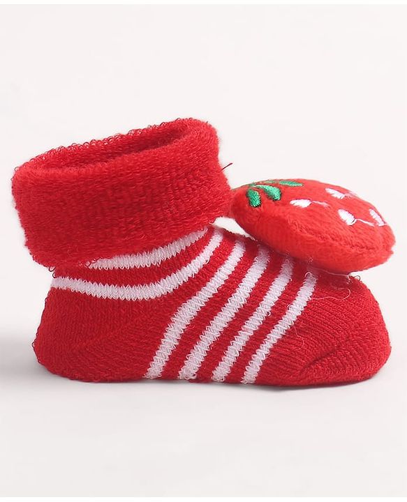 Cute Walk by Babyhug Fabric Ankle Length Socks Shoes with Striped Design & Strawberry Applique- Red