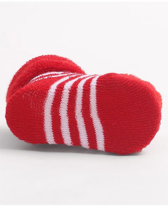 Cute Walk by Babyhug Fabric Ankle Length Socks Shoes with Striped Design & Strawberry Applique- Red