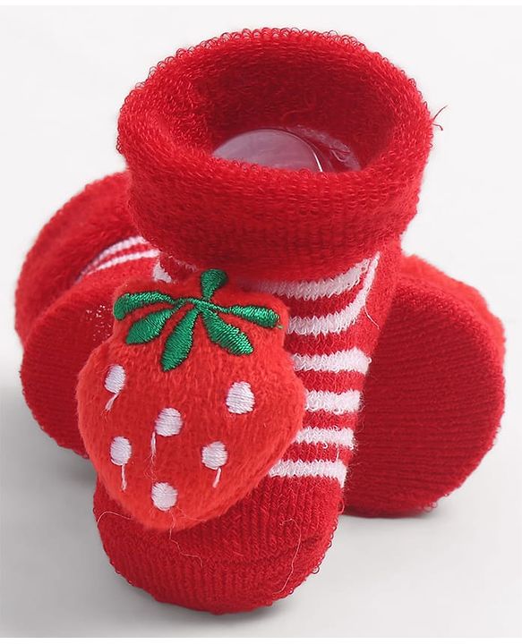 Cute Walk by Babyhug Fabric Ankle Length Socks Shoes with Striped Design & Strawberry Applique- Red