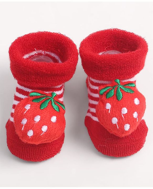 Cute Walk by Babyhug Fabric Ankle Length Socks Shoes with Striped Design & Strawberry Applique- Red