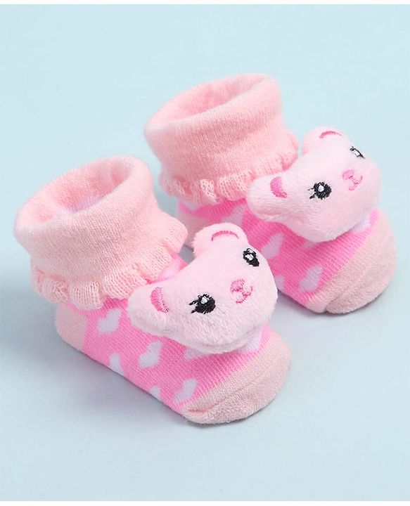 Cute Walk by Babyhug Fabric Ankle Length Socks Shoes with Heart Design & Bear Applique- Pink