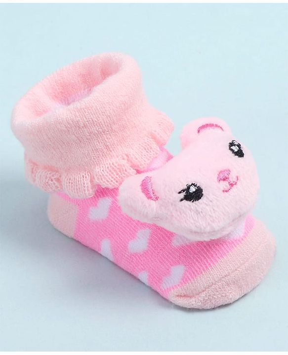 Cute Walk by Babyhug Fabric Ankle Length Socks Shoes with Heart Design & Bear Applique- Pink
