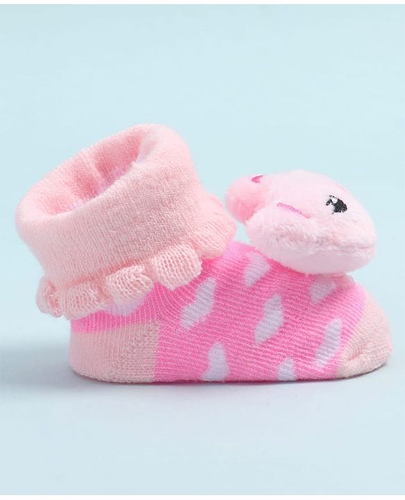 Cute Walk by Babyhug Fabric Ankle Length Socks Shoes with Heart Design & Bear Applique- Pink