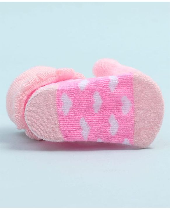 Cute Walk by Babyhug Fabric Ankle Length Socks Shoes with Heart Design & Bear Applique- Pink