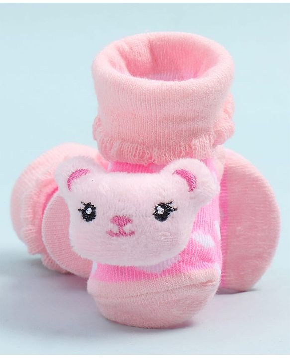 Cute Walk by Babyhug Fabric Ankle Length Socks Shoes with Heart Design & Bear Applique- Pink