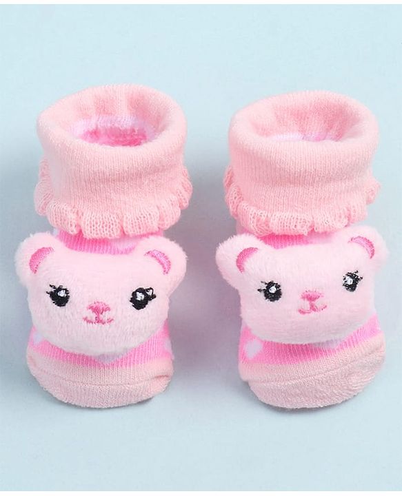 Cute Walk by Babyhug Fabric Ankle Length Socks Shoes with Heart Design & Bear Applique- Pink