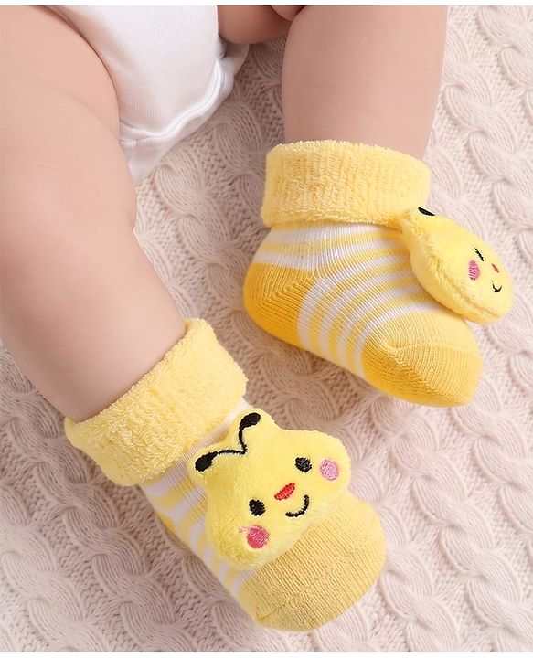 Cute Walk by Babyhug Fabric Ankle Length Socks Shoes with Striped Design & Honey Bee Applique- Yellow