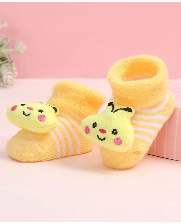 Cute Walk by Babyhug Fabric Ankle Length Socks Shoes with Striped Design & Honey Bee Applique- Yellow