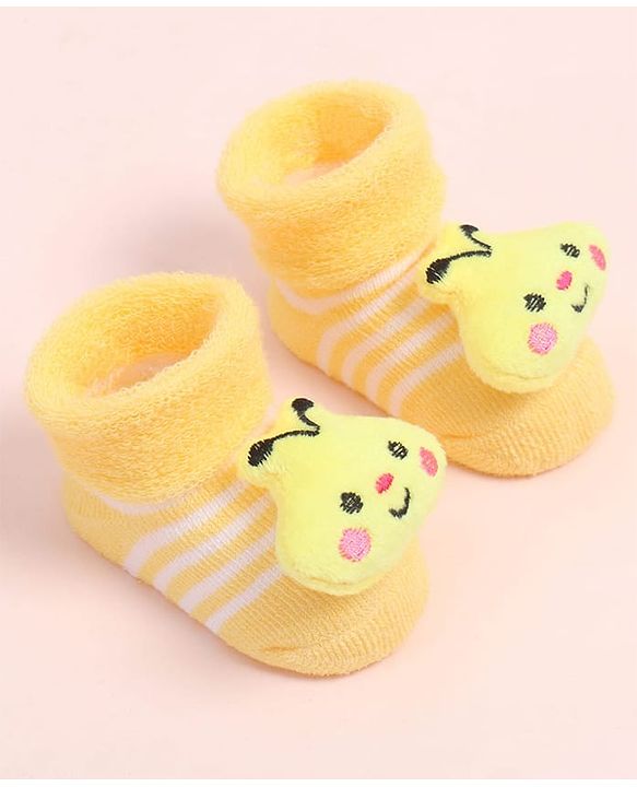Cute Walk by Babyhug Fabric Ankle Length Socks Shoes with Striped Design & Honey Bee Applique- Yellow