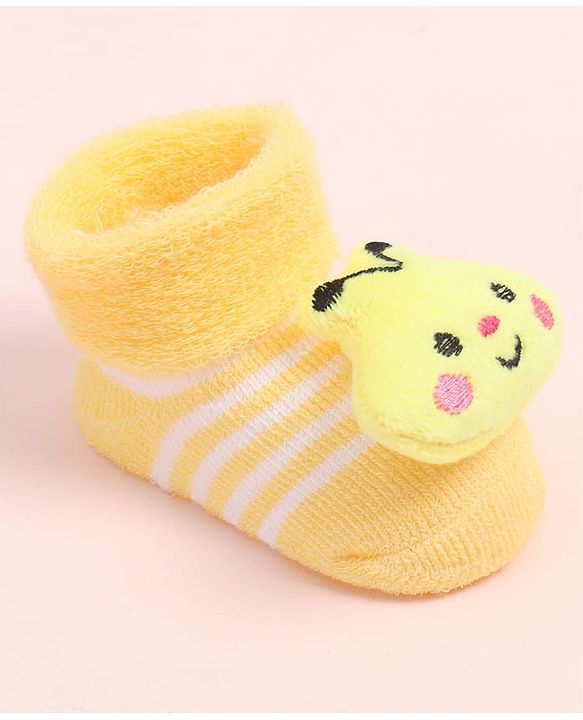 Cute Walk by Babyhug Fabric Ankle Length Socks Shoes with Striped Design & Honey Bee Applique- Yellow