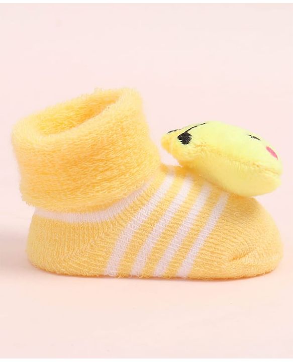 Cute Walk by Babyhug Fabric Ankle Length Socks Shoes with Striped Design & Honey Bee Applique- Yellow
