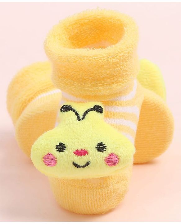 Cute Walk by Babyhug Fabric Ankle Length Socks Shoes with Striped Design & Honey Bee Applique- Yellow