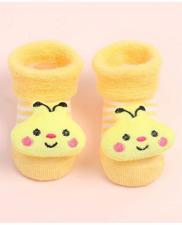 Cute Walk by Babyhug Fabric Ankle Length Socks Shoes with Striped Design & Honey Bee Applique- Yellow