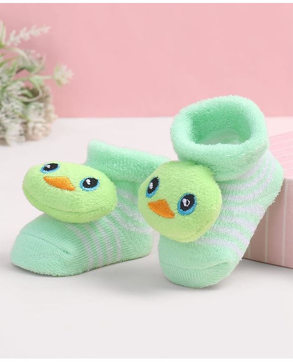 Cute Walk by Babyhug Fabric Ankle Length Socks Shoes with Duck Applique- Sea Green