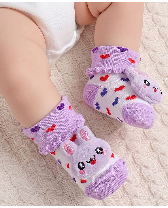 Cute Walk by Babyhug Fabric Ankle Length Socks Shoes with Heart Design & Bunny Applique- Lilac & White