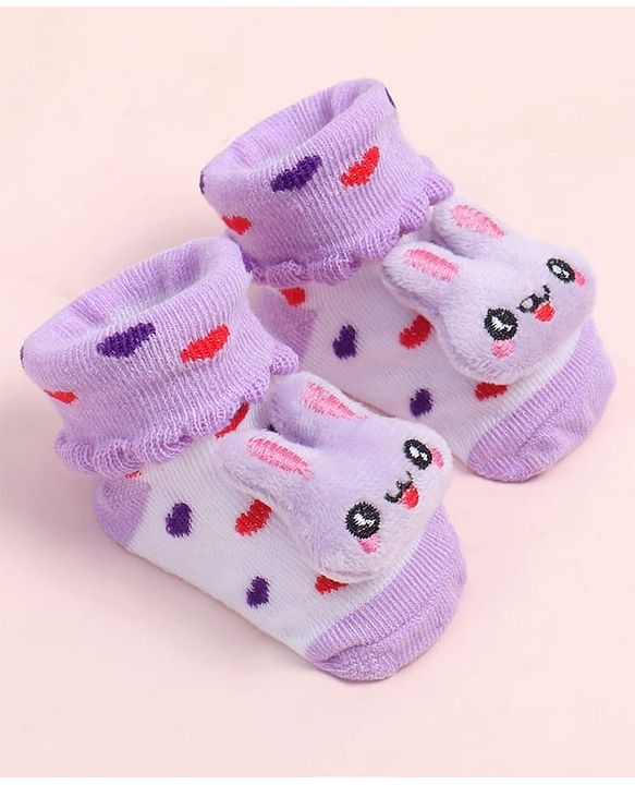 Cute Walk by Babyhug Fabric Ankle Length Socks Shoes with Heart Design & Bunny Applique- Lilac & White