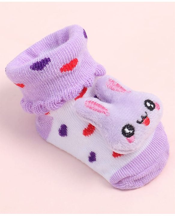 Cute Walk by Babyhug Fabric Ankle Length Socks Shoes with Heart Design & Bunny Applique- Lilac & White