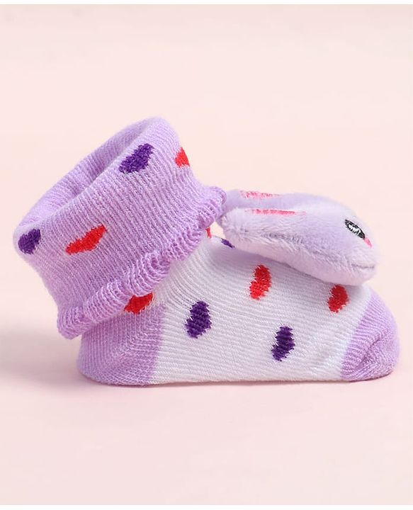 Cute Walk by Babyhug Fabric Ankle Length Socks Shoes with Heart Design & Bunny Applique- Lilac & White