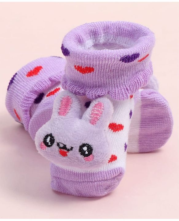 Cute Walk by Babyhug Fabric Ankle Length Socks Shoes with Heart Design & Bunny Applique- Lilac & White