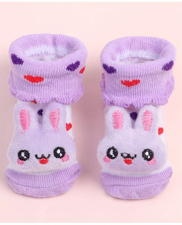 Cute Walk by Babyhug Fabric Ankle Length Socks Shoes with Heart Design & Bunny Applique- Lilac & White