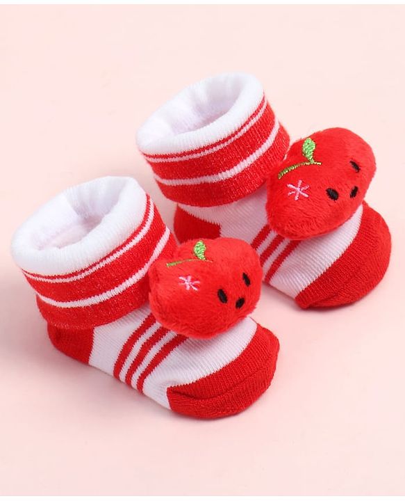 Cute Walk by Babyhug Fabric Ankle Length Socks Shoes with Striped Design &  Applique- Red & White