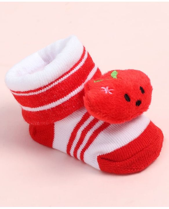 Cute Walk by Babyhug Fabric Ankle Length Socks Shoes with Striped Design &  Applique- Red & White