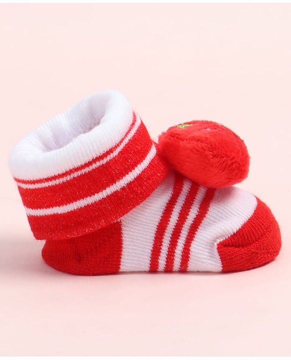 Cute Walk by Babyhug Fabric Ankle Length Socks Shoes with Striped Design &  Applique- Red & White