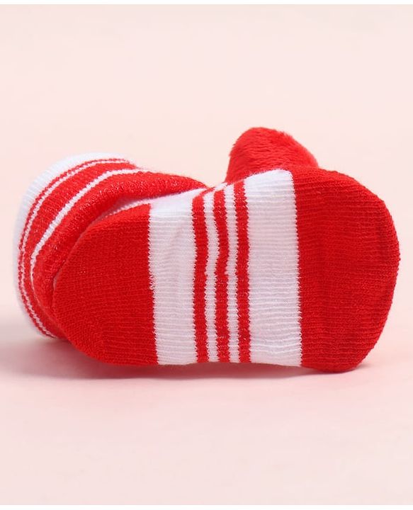 Cute Walk by Babyhug Fabric Ankle Length Socks Shoes with Striped Design &  Applique- Red & White