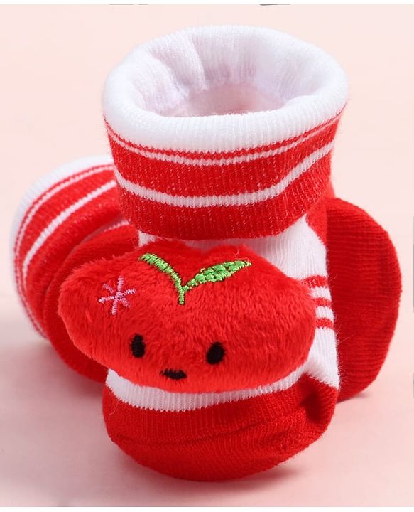 Cute Walk by Babyhug Fabric Ankle Length Socks Shoes with Striped Design &  Applique- Red & White