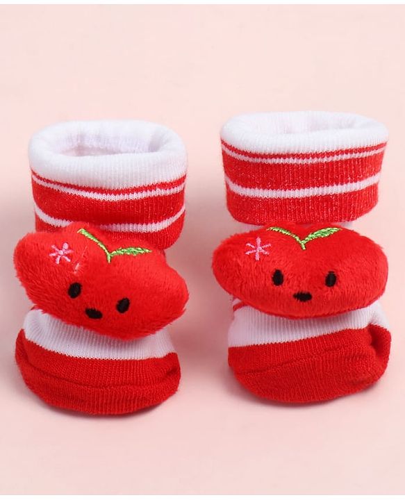 Cute Walk by Babyhug Fabric Ankle Length Socks Shoes with Striped Design &  Applique- Red & White