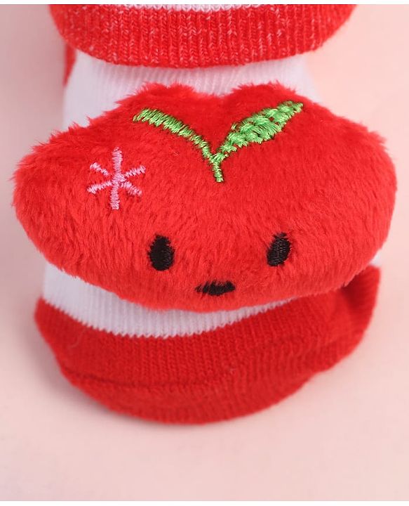 Cute Walk by Babyhug Fabric Ankle Length Socks Shoes with Striped Design &  Applique- Red & White