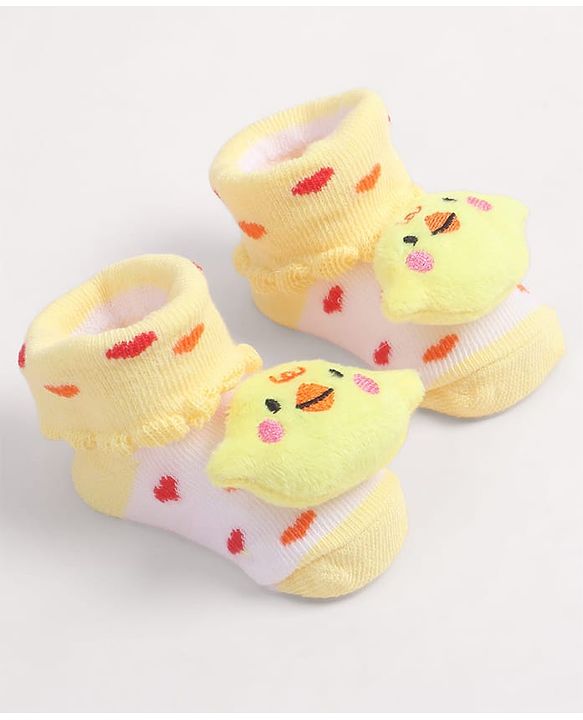Cute Walk by Babyhug Fabric Ankle Length Socks Shoes with Heart Design & Chick Applique- Yellow