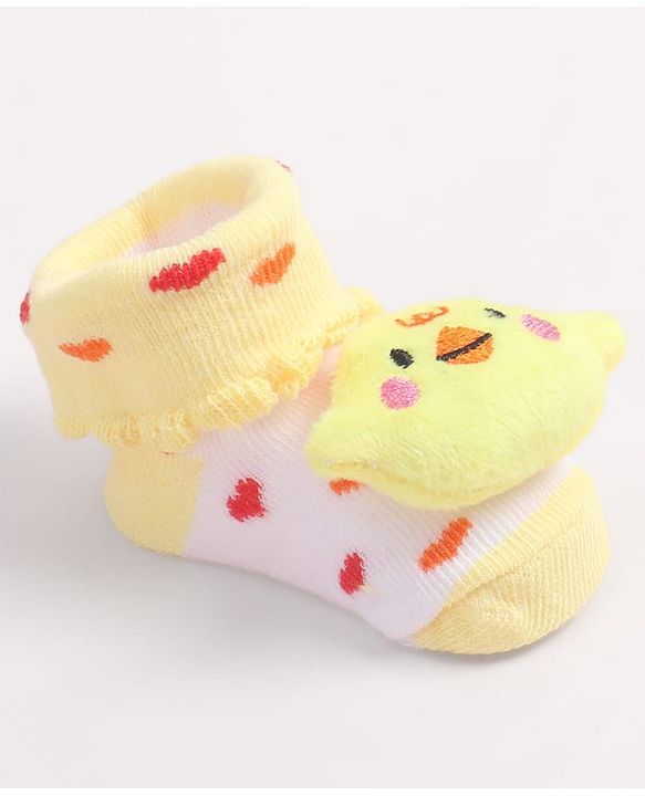 Cute Walk by Babyhug Fabric Ankle Length Socks Shoes with Heart Design & Chick Applique- Yellow