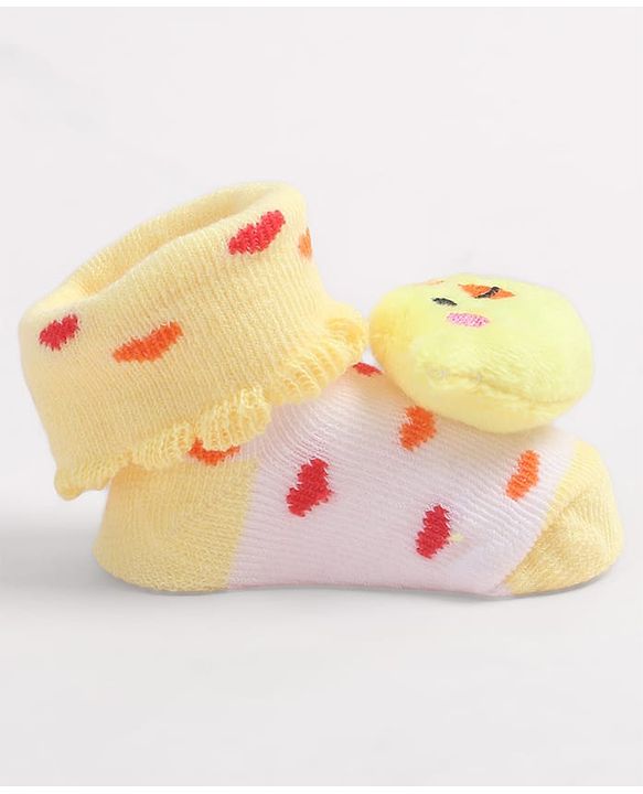 Cute Walk by Babyhug Fabric Ankle Length Socks Shoes with Heart Design & Chick Applique- Yellow