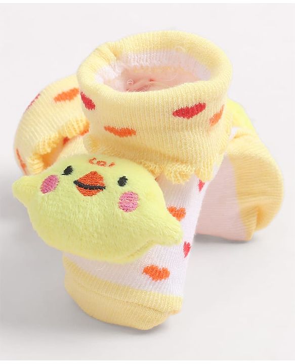 Cute Walk by Babyhug Fabric Ankle Length Socks Shoes with Heart Design & Chick Applique- Yellow