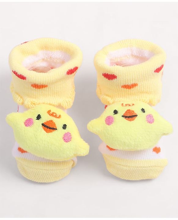 Cute Walk by Babyhug Fabric Ankle Length Socks Shoes with Heart Design & Chick Applique- Yellow