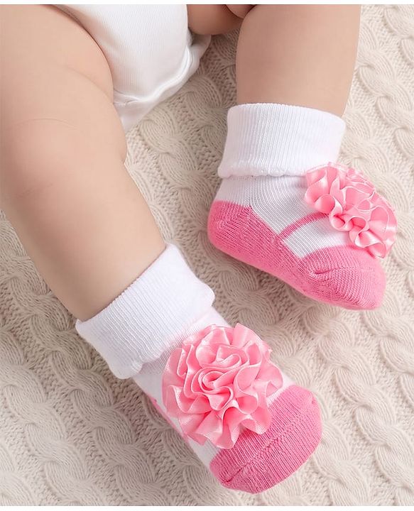 Cute Walk by Babyhug Fabric Ankle Length Socks Shoes with Floral Applique- Pink & White