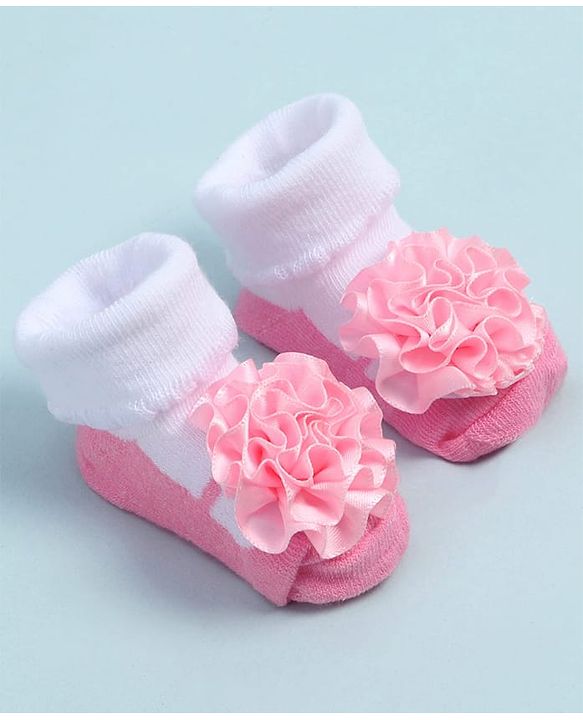 Cute Walk by Babyhug Fabric Ankle Length Socks Shoes with Floral Applique- Pink & White