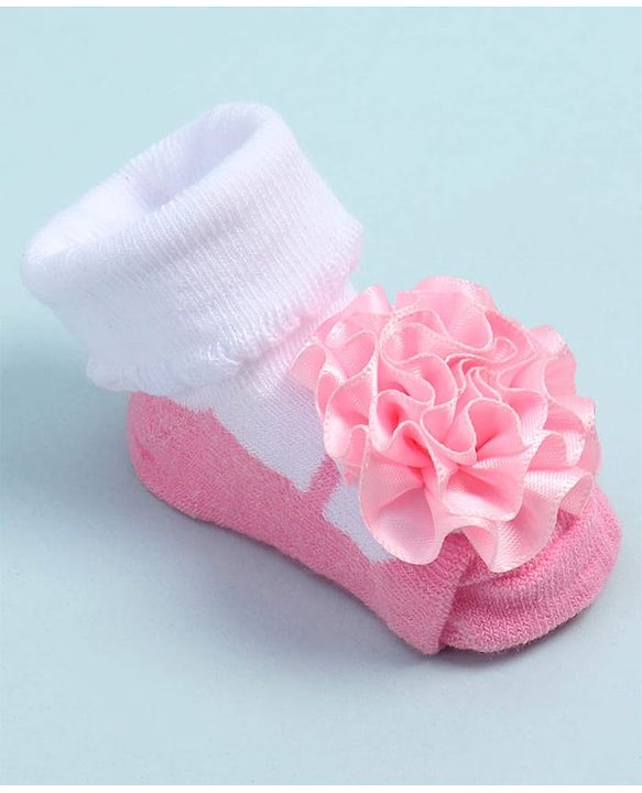 Cute Walk by Babyhug Fabric Ankle Length Socks Shoes with Floral Applique- Pink & White