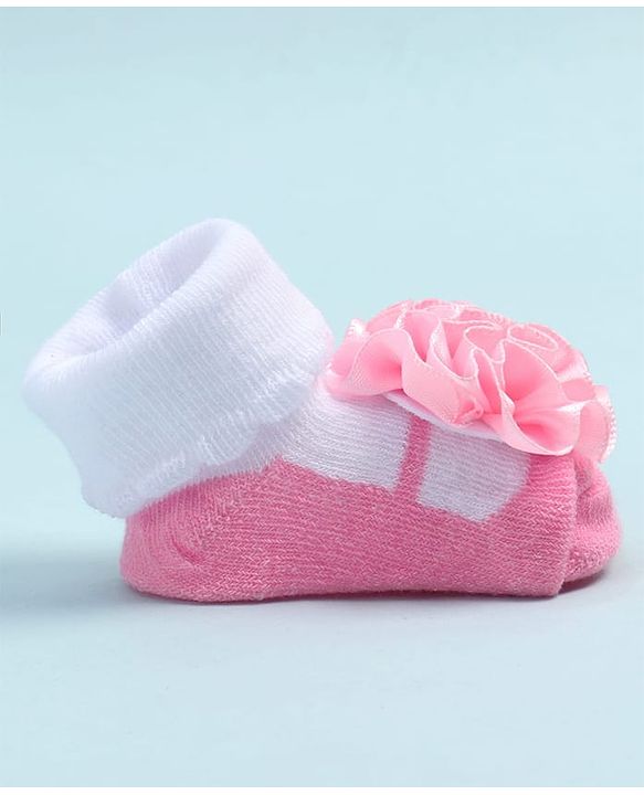 Cute Walk by Babyhug Fabric Ankle Length Socks Shoes with Floral Applique- Pink & White