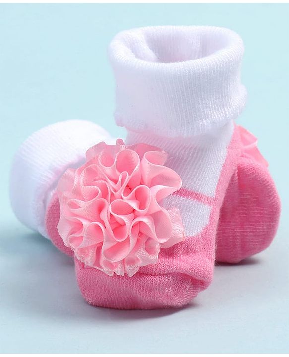 Cute Walk by Babyhug Fabric Ankle Length Socks Shoes with Floral Applique- Pink & White