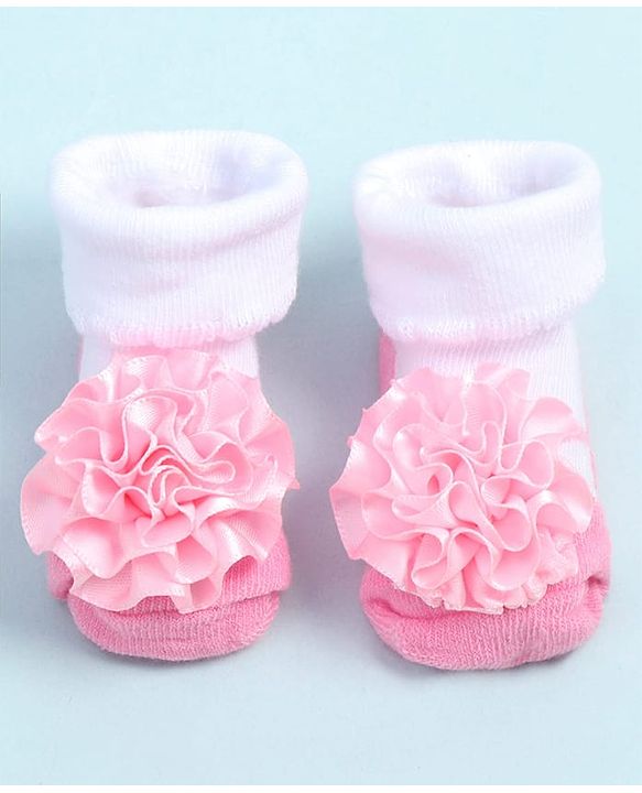 Cute Walk by Babyhug Fabric Ankle Length Socks Shoes with Floral Applique- Pink & White