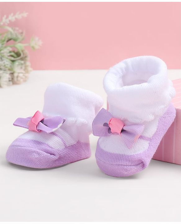 Cute Walk by Babyhug Fabric Ankle Length Socks Shoes with    Bow Applique- Pink & White