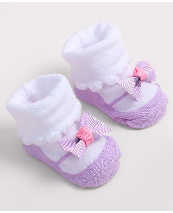 Cute Walk by Babyhug Fabric Ankle Length Socks Shoes with    Bow Applique- Pink & White
