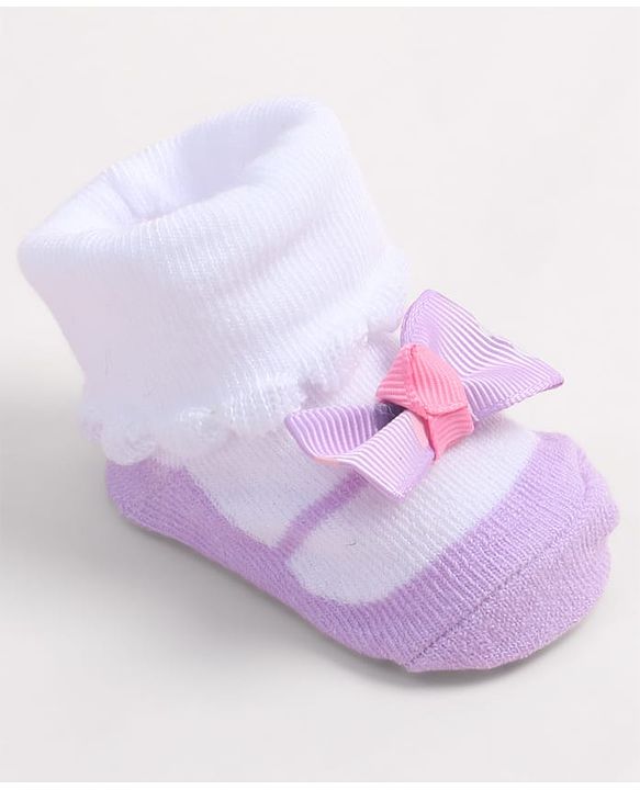 Cute Walk by Babyhug Fabric Ankle Length Socks Shoes with    Bow Applique- Pink & White