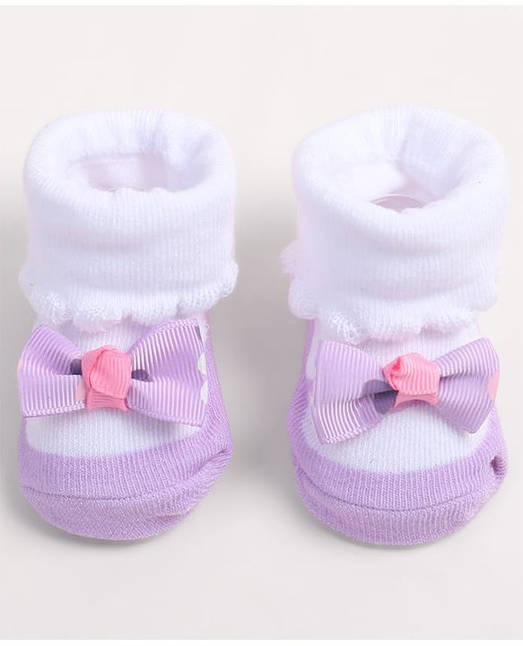 Cute Walk by Babyhug Fabric Ankle Length Socks Shoes with    Bow Applique- Pink & White